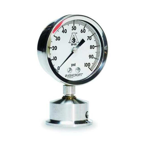 Pressure Gauge, 0 to 60 psi, 2 1/2 in Dial, 1 1/2 in Tri-Clamp, Bottom Location