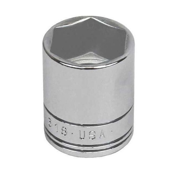 3/8 in Drive, 18mm Metric Socket, 6 Points,  Steel, Chrome, 18 mm