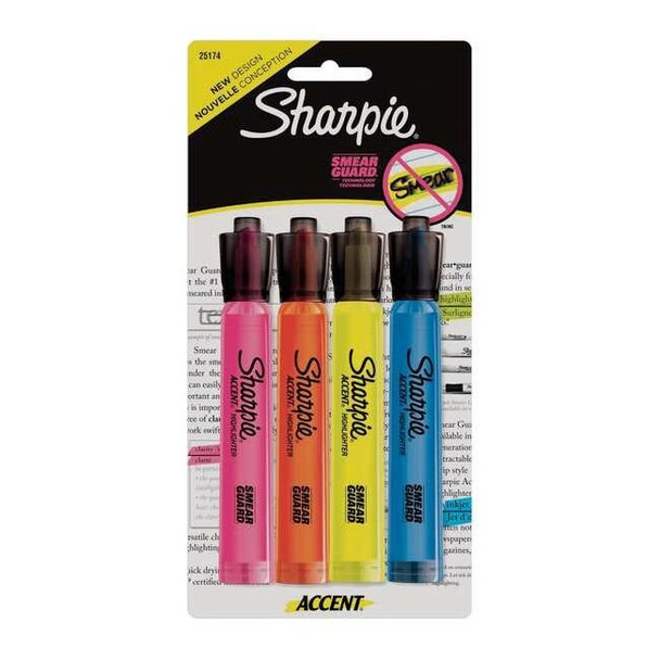 Sharpie Smear Guard Highlighter Set, Chisel Tip Fluorescent Colors PK4 25174PP