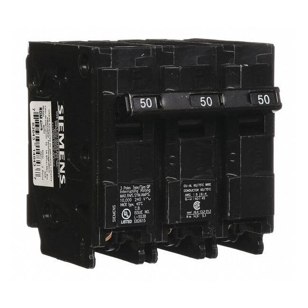 Miniature Circuit Breaker, Q Series, 50A, 3 Pole, 240V AC, 10kA at 120V AC