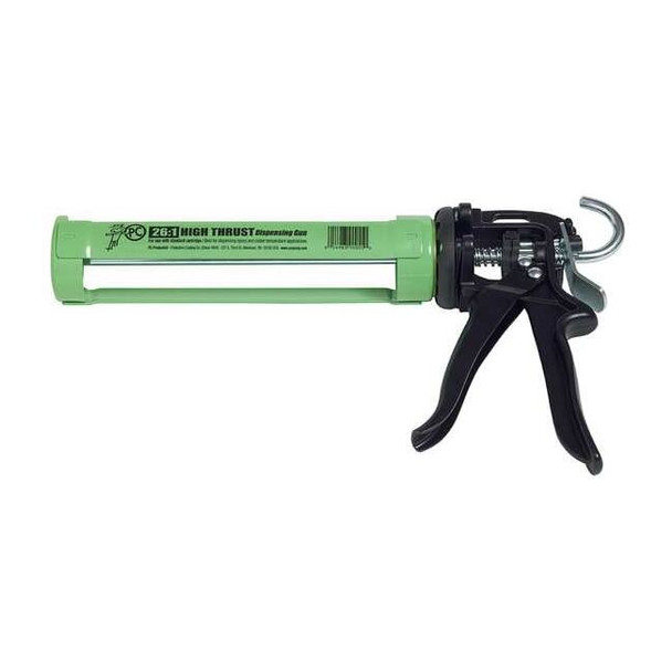 Caulk Gun, 8 oz Container Size, Steel, 26:01:00, Half Barrel Frame, Green