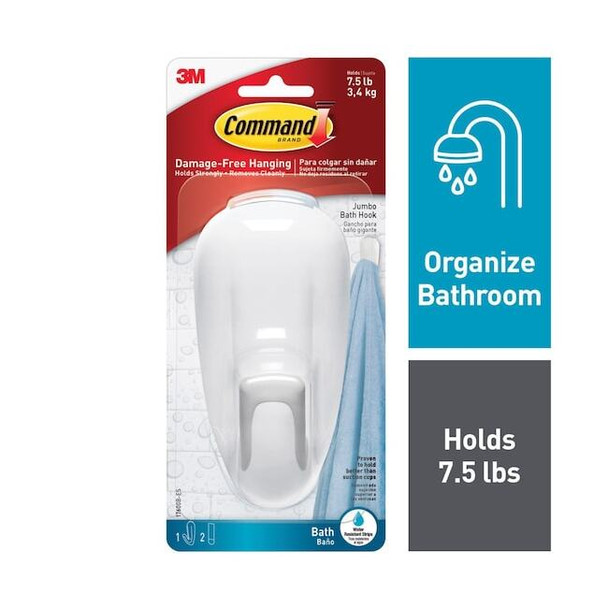 Command Bathroom Hook,Molded Plastic,2-1/4 In 17600B-ES
