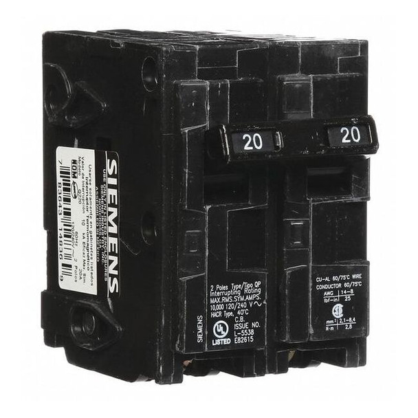 Miniature Circuit Breaker, Q Series, 20A, 2 Pole, 120/240V AC, 10kA at 120V AC