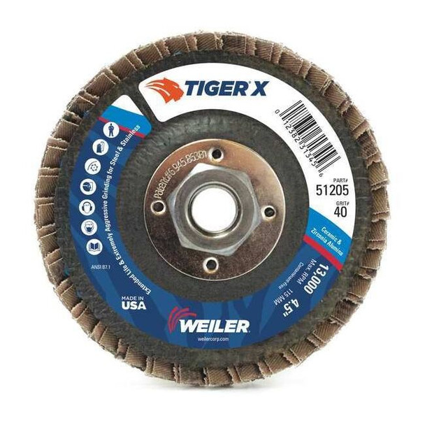 Weiler Flap Disc, 4-1/2inx36Grit, 5/8-11, 13000RPM 98904
