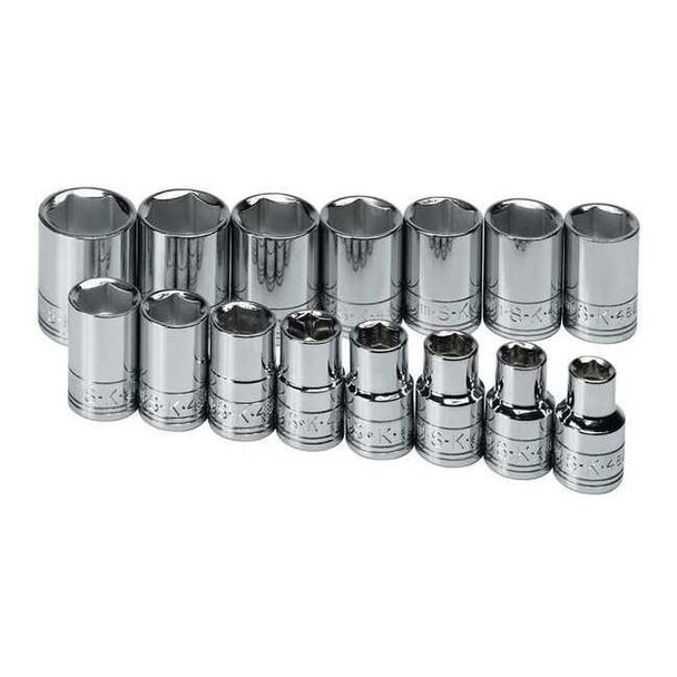 1/2" Drive Socket Set, Metric, 15 Pieces, Chrome, Range 10 to 24 mm, 6-Point