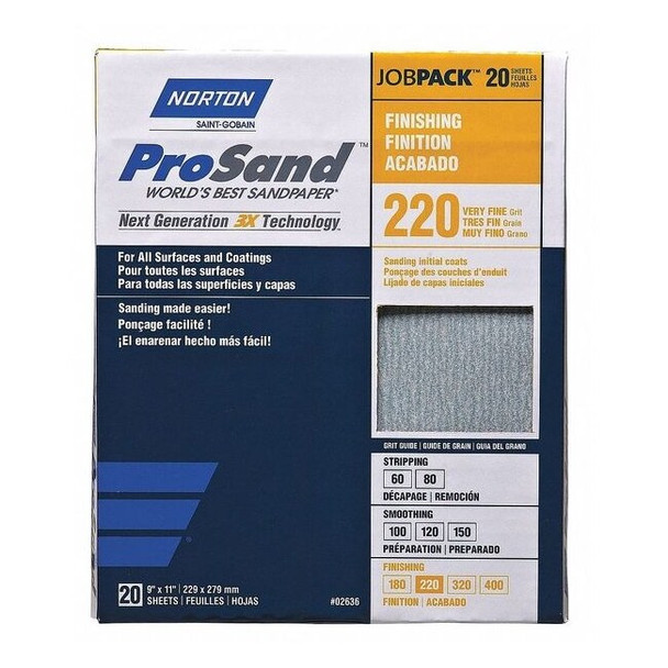 Norton Abrasives Sandpaper Sheet,Very Fine,220 Grit,PK20 07660768167