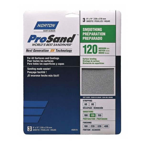 Norton Abrasives Sandpaper Sheet, Fine, 120 Grit, PK3 07660768161