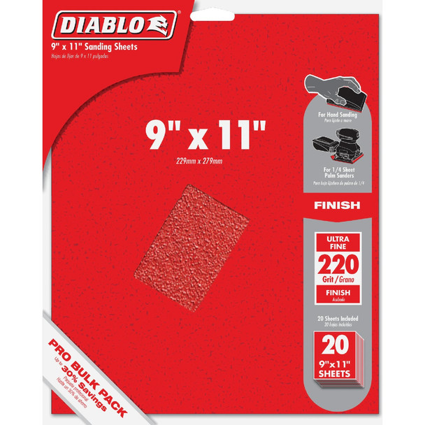 Diablo 9 In. x 11 In. 220 Grit Ultra Fine Sandpaper (20-Pack) DCS911220S20G