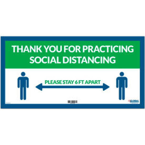 Global Industrial Green Thank you for Social Distancing Sign  24""W x 12""H Adhe