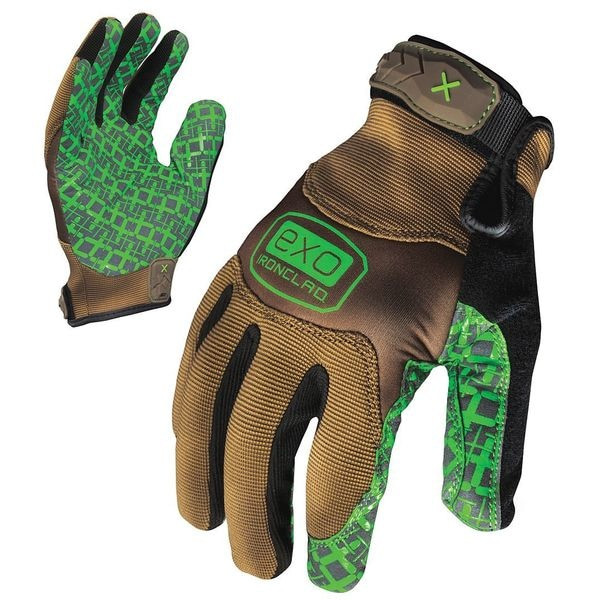 EXO Mechanics Gloves, Silicone Fused Palm, Polyester Back, S, Green/Tan