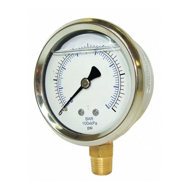 Industrial Pressure Gauge, 0 to 100 psi, 2 in Dial, 1/8 in NPT, Bottom Location