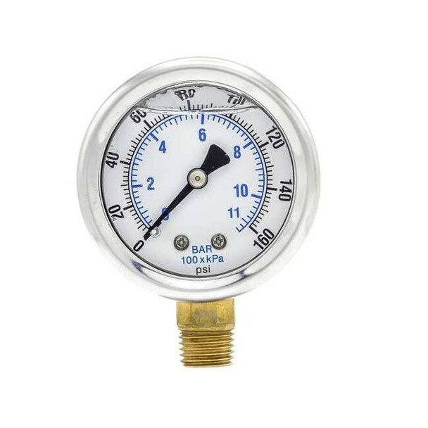 Industrial Pressure Gauge, 0 to 160 psi, 2 in Dial, 1/4 in NPT, Bottom Location