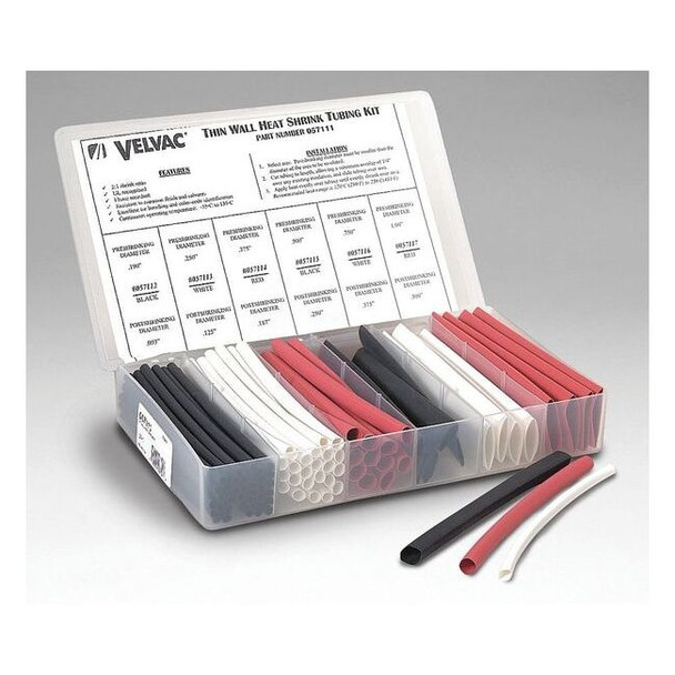 Heat Shrink Tube Kit, Thin Wall, 2:1 I.D. Shrink Ratio, Black, Red, White, 6 in