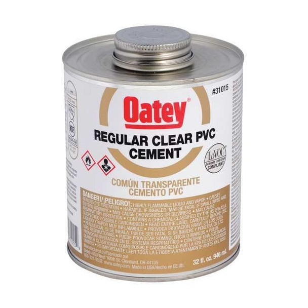 Oatey PVC Cement,Clear,Regular Body,32 oz. 31015