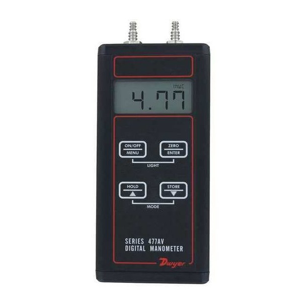 Digital manometer, range 0-40.00" w.c., air velocity/flow modes.