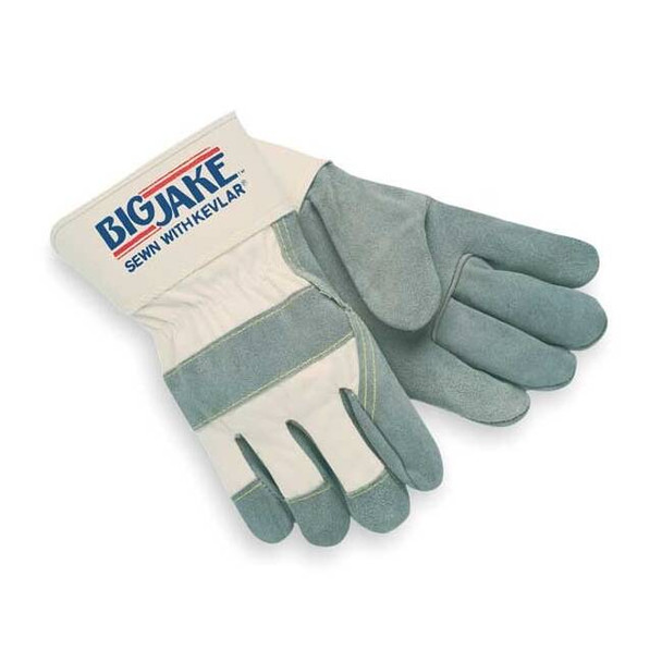 Leather Gloves, Cowhide, Safety Cuff, Wing Thumb, Full Finger, Gray/Tan, L, 1 PR