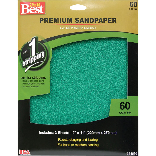 Do it Best Premium Plus 9 In. x 11 In. 60 Grit Coarse Sandpaper (3-Pack) 7260004