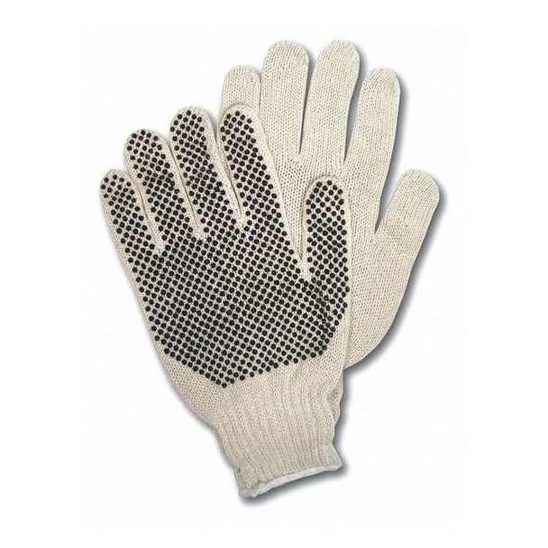 Knit Gloves, Cotton Polyester Blend, Dotted Palm, White, L, 12 PK