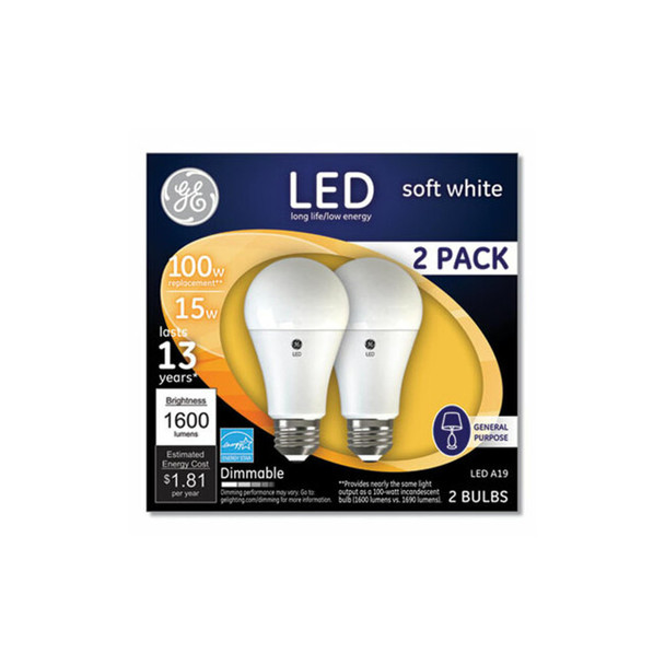 GE 100W LED Bulbs, A19, 15 W, Soft White, 2/Pack 93127668 GE 100W LED Bulbs, A19, 15 W, Soft White, 2/Pack 93127668