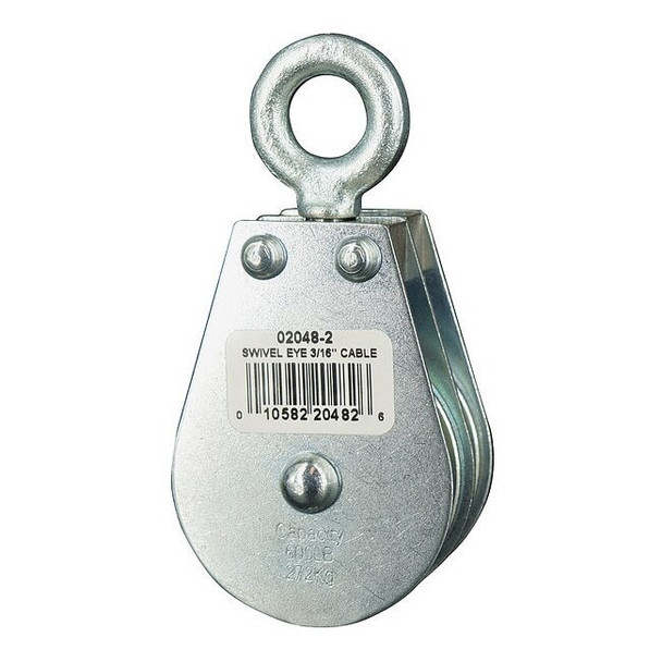 Pulley Block, Wire Rope, 3/16 in Max Cable Size, 600 lb Max Load, Zinc Plated
