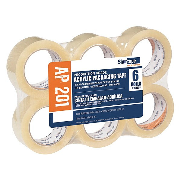 Packaging Tape, 48mm W, 100m L, 2 mil Thick, Clear, Standard Duty, 6 Pack
