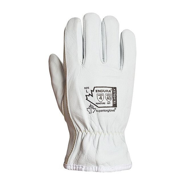 Leather Drivers Gloves, Goatskin Palm, Shirred Slip-On, White, 1 PR