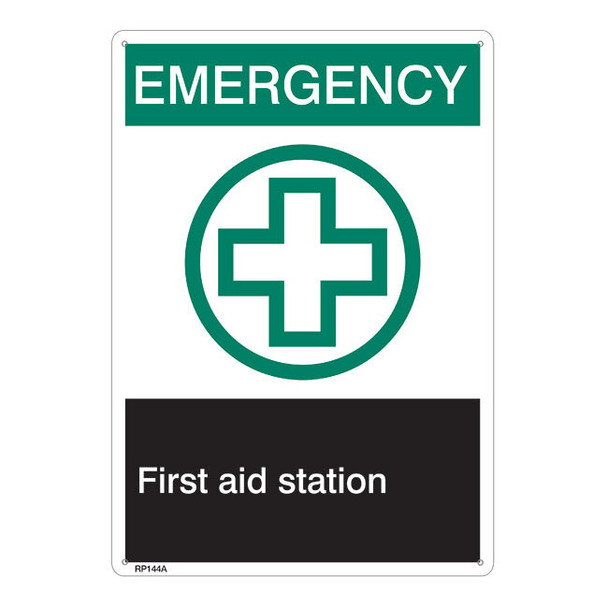 ANSI Z535 Rigid Plastic "Emergency First Aid…" Sign, 1/Each