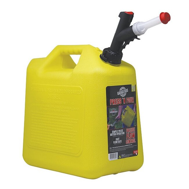 Gas Can, Plastic, 5 gal, Press 'N Pour(R) Spout, Self-Venting, Yellow, Diesel