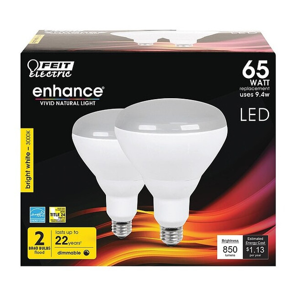 Feit Electric LED,9.4 W,BR40,Medium Screw (E26),PK2 BR40DM/930CA/2