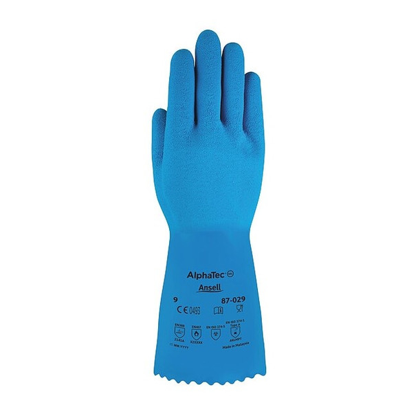 Chemical Resistant Gloves, Natural Rubber Latex, 12 in L, 50 mil, Blue, 9, 1 PR