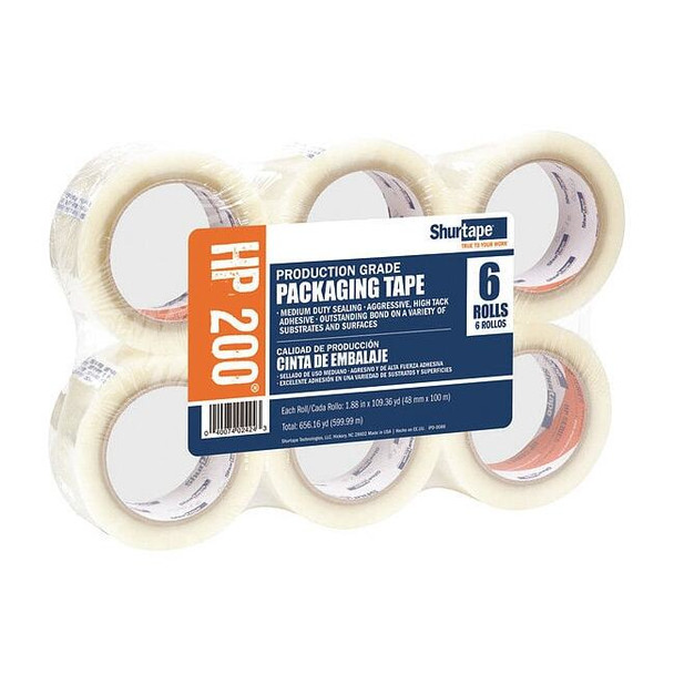 Packing Tape, 1.8 mil Thick, 2 in W x 100 m L, 3 in Core Dia., Clear, 6 PK