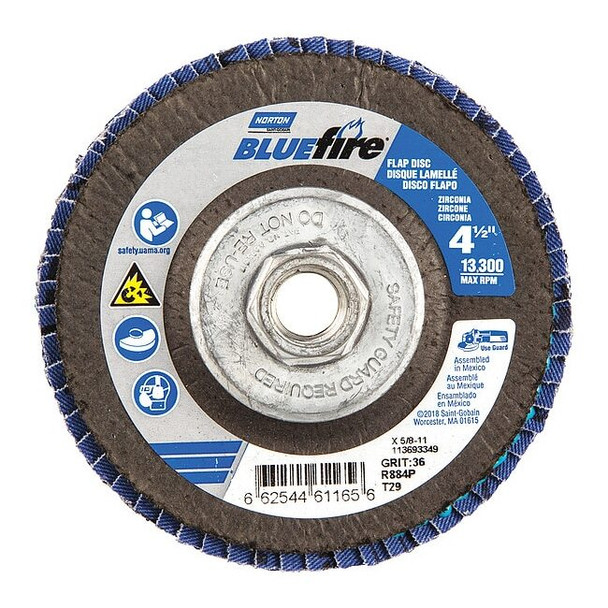 Norton Abrasives Flap Disc,4 1/2 In x 36 Grit,5/8-11 66254461165