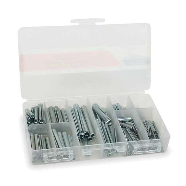 Slotted Spring Pin Assortment, Steel, Zinc Plated, 204 Pcs