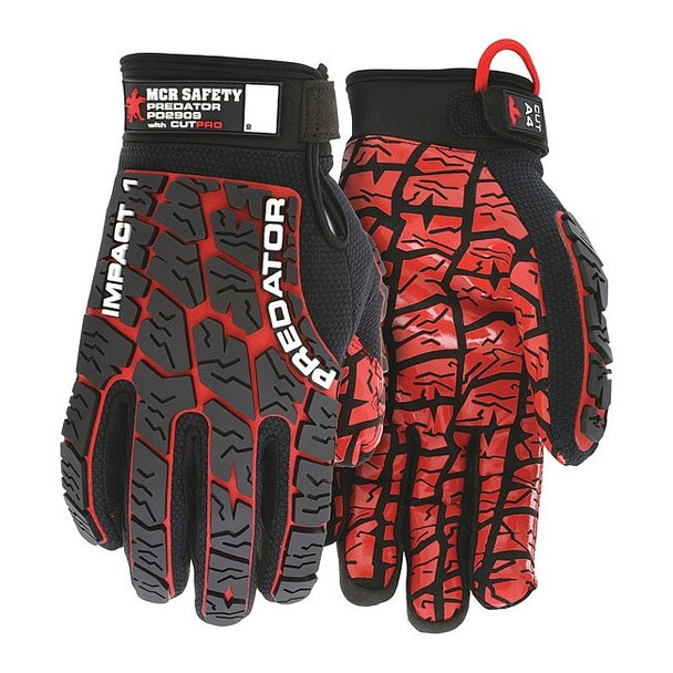 Predator Mechanics Gloves, Synthetic Leather Palm, Spandex Back, L, Black/Red