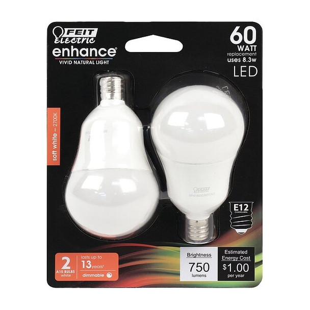 Feit Electric LED,8.3 W,A15,Candelabra Screw (E12),PK2 BPA1560C/927CA/2