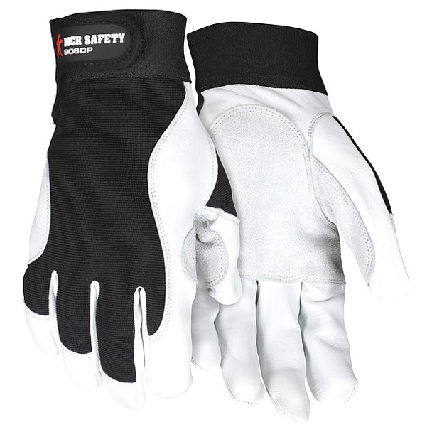 906DP Mechanics Gloves, Goatskin Palm, Nylon, Spandex Back, M, Black/White