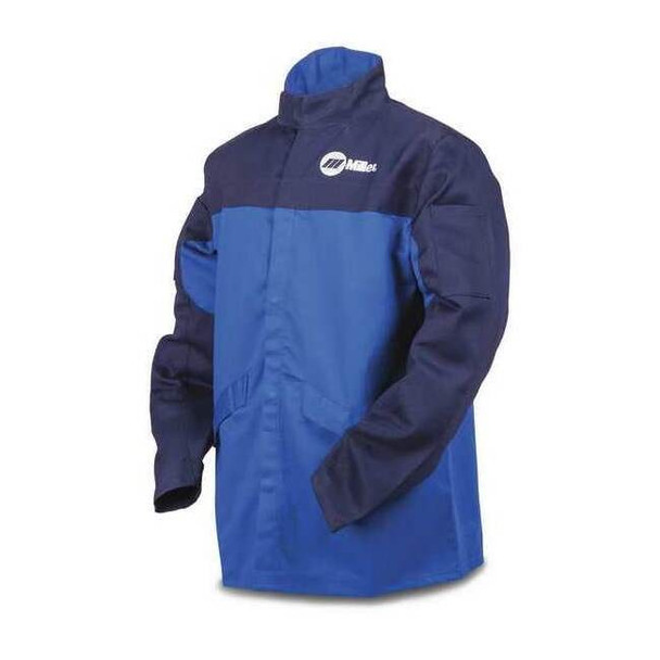 Welding Jacket, Indura, 9 oz, 30 in Length, Snaps Closure, 2 Pockets, Blue, 2XL