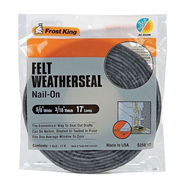 Frost King 5/8"W x 3/16"H x 17'L, Felt Weatherseal, Gray S258/17H