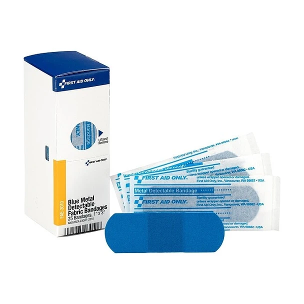 First Aid Kit Refill,1"X3" Blue Metal Detectable Bandages, 25 Per Box