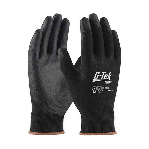 Coated Gloves, Polyurethane, Smooth, Palm, 1 Abrasion Level, Black, L (9) 12 PK