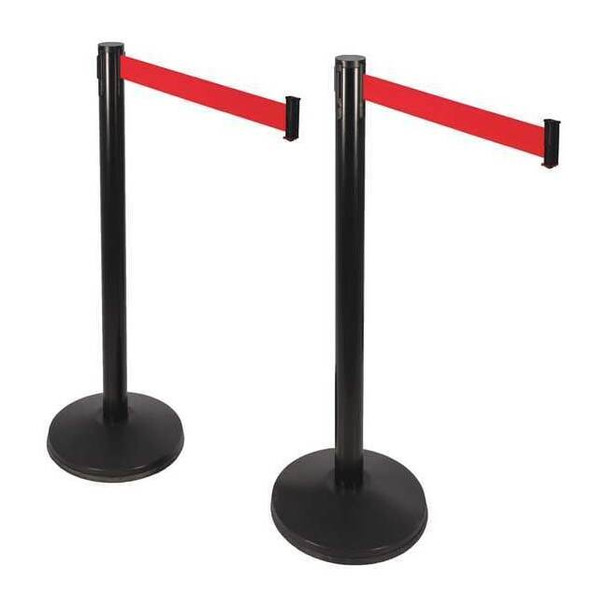 Barrier Post with Belt, Black, 10 ft Length, 40 in Post Height, No Legend, Black