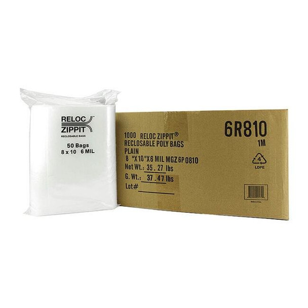 Reclosable Bag, Zip Seal, 10 in L, 8 in W, 6 mil Thick, Polyethylene, Clear