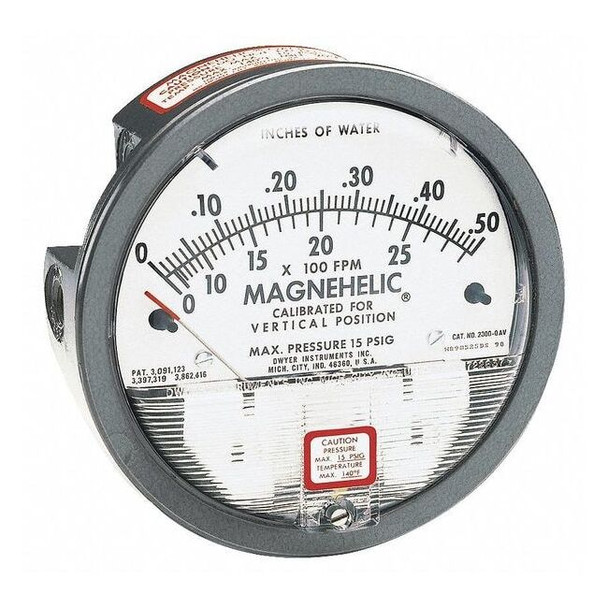 Differential pressure gage, range 0-2.0" w.c., velocity 1000-5600 FPM.