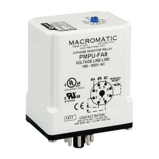 Macromatic Phase Monitor Relay, 8 Pins, 190-500V AC PMPU-FA8