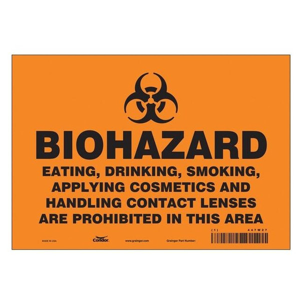 Biohazard Sign, 7 in H, 10 in W, Vinyl, Vertical Rectangle, English, 447W27
