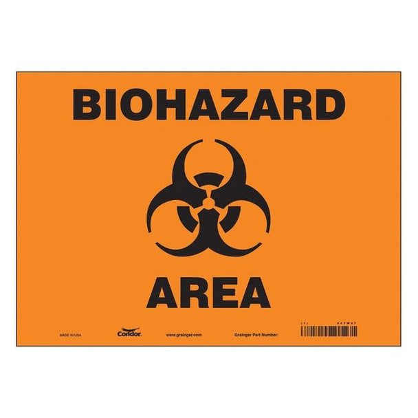 Biohazard Sign, 10 in H, 14 in W, Vinyl, Horizontal Rectangle, English, 447W47