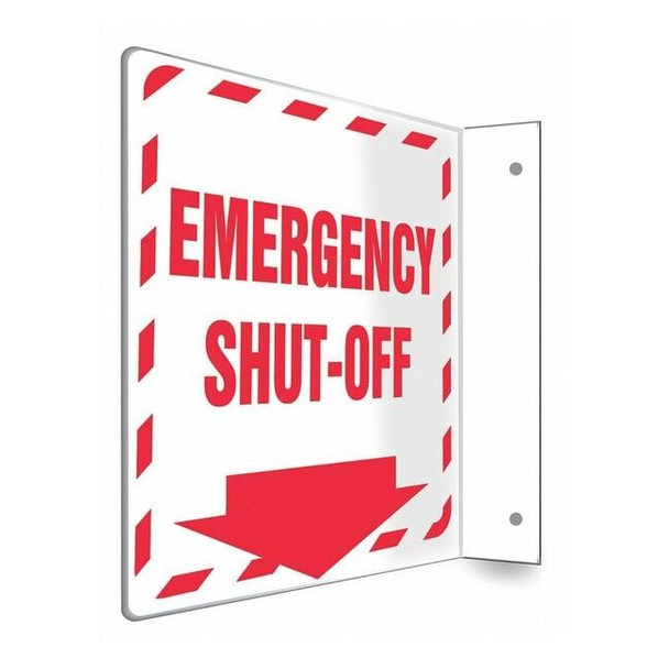 EMERGENCY SHUT-OFF, 8 in W x 8 in H, L-Shape Projection, PETG, 480X84