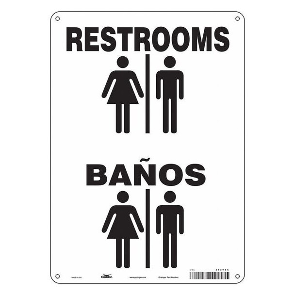 RESTROOMS/BANOS, 10 in W x 14 in H, Vertical Rectangle, Vinyl, 473Y96