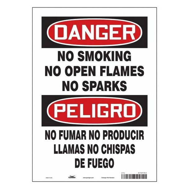 Safety Sign, 14 in H, 10" W, Vinyl, Vertical Rectangle, English, Spanish, 474T54