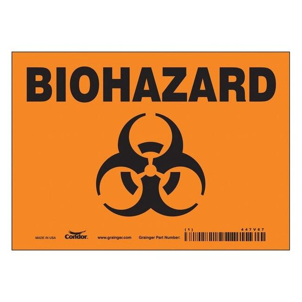 Biohazard Sign, 5 in H, 7 in W, Vinyl, Horizontal Rectangle, English, 447V67